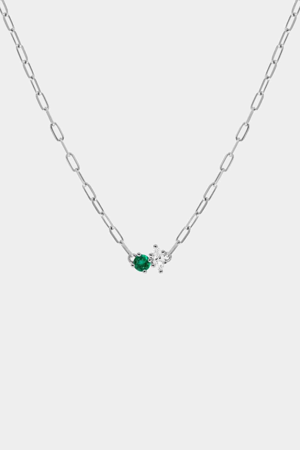 Marquise Diamond and Round Emerald Diamond Toi Et Moi Necklace | White Gold