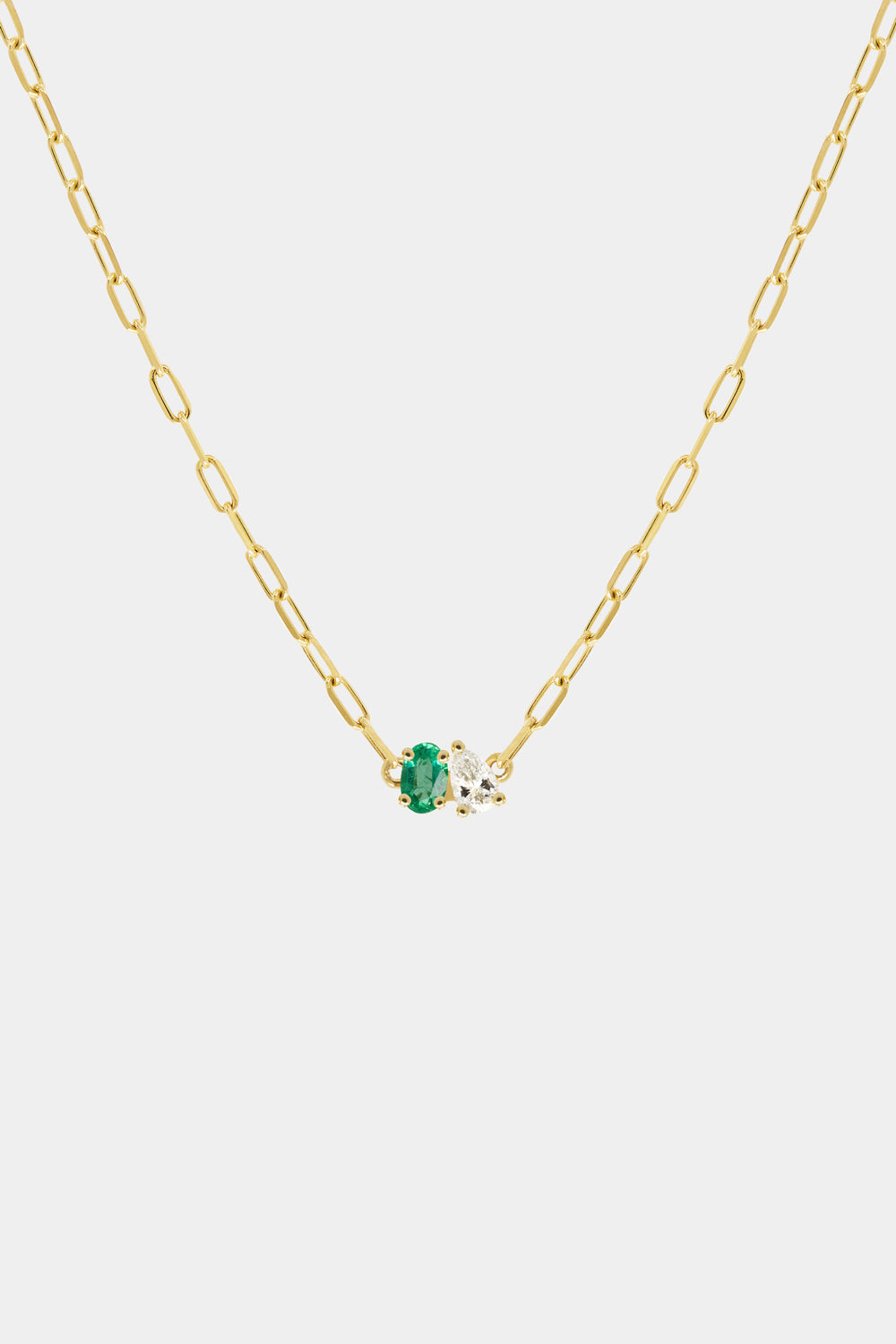 Pear Diamond and Oval Emerald Toi Et Moi Necklace | 18K Yellow Gold