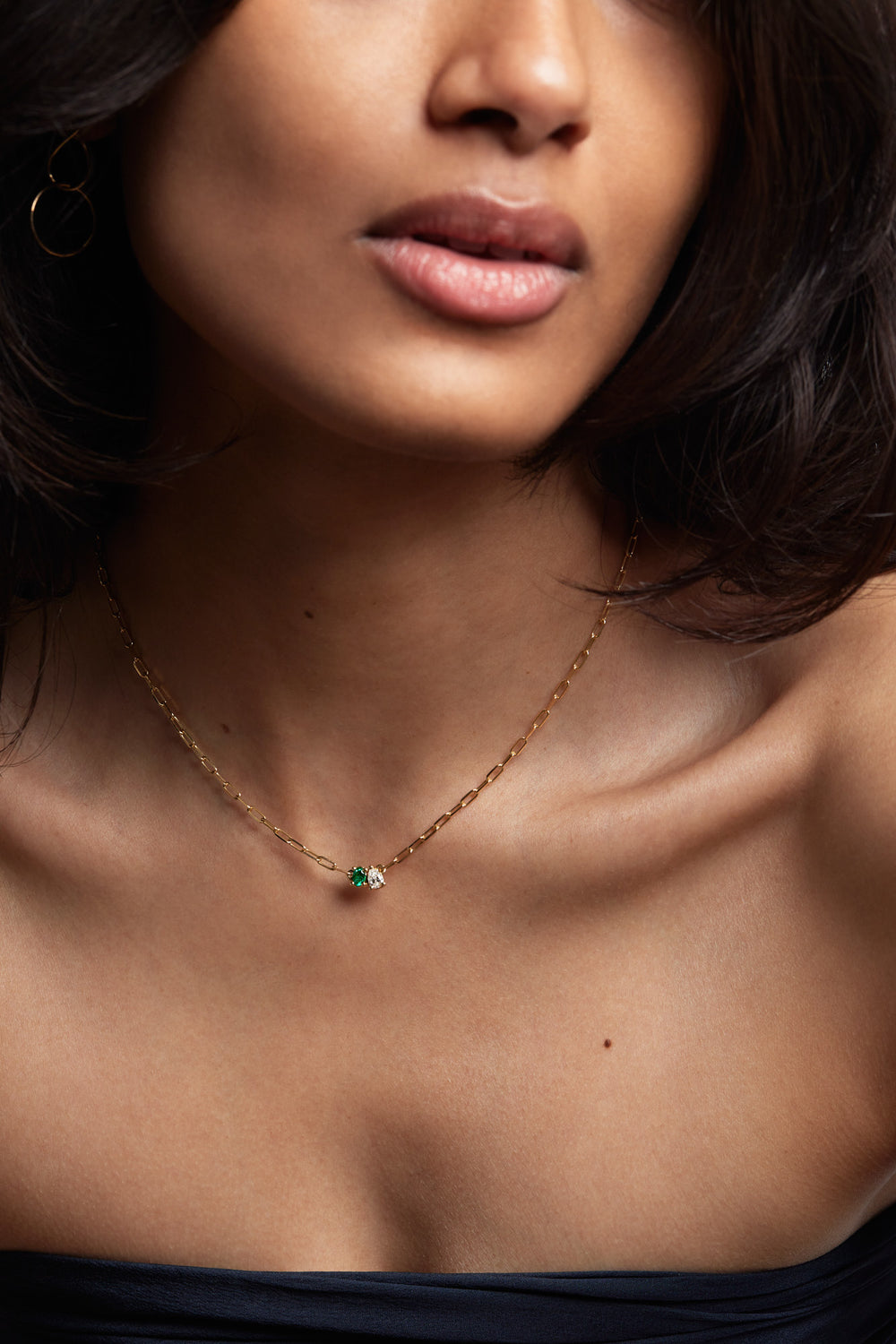 Pear Diamond and Oval Emerald Toi Et Moi Necklace | 18K Yellow Gold| Natasha Schweitzer