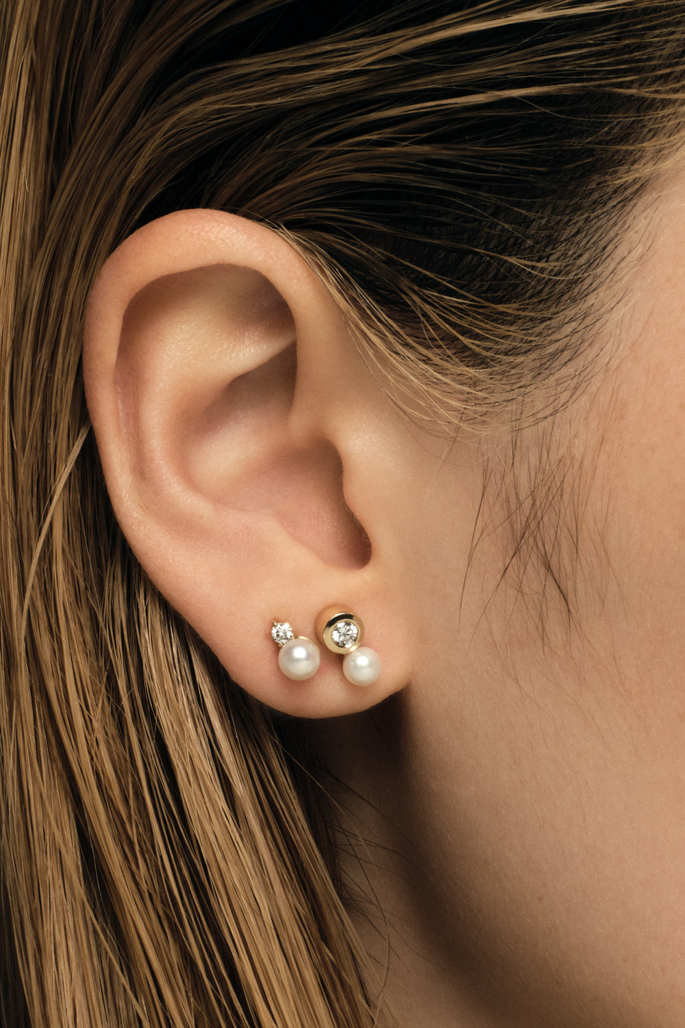 Diamond Pearl Duo Studs | 9K Yellow Gold| Natasha Schweitzer