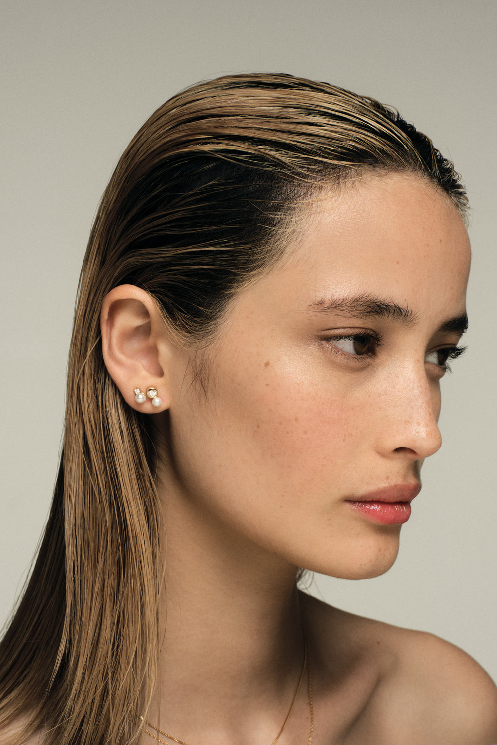 Diamond Pearl Duo Studs | 9K Yellow Gold| Natasha Schweitzer