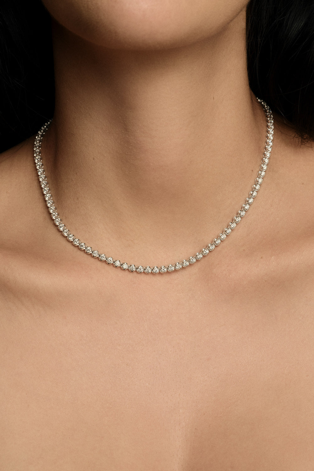Crown Set Diamond Tennis Necklace | 18K White Gold