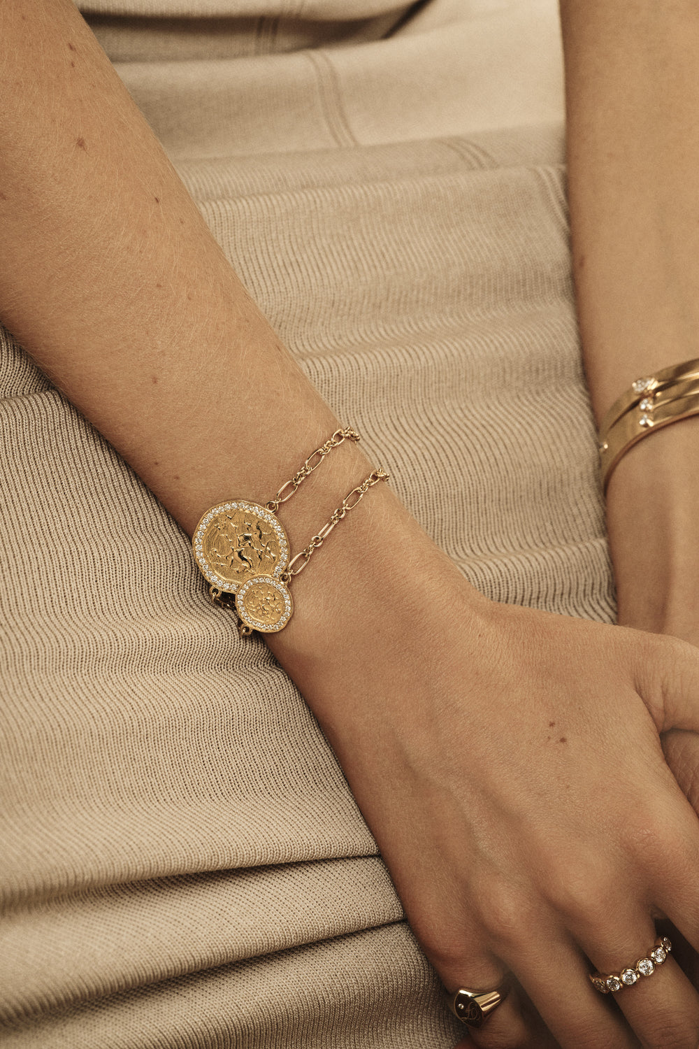 Mini Diamond Halo Warrior Coin Bracelet | 18K Yellow Gold