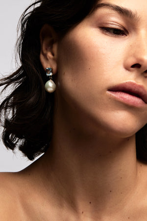 Rectangle Topaz Pearl Earrings | 9K Yellow Gold | Natasha Schweitzer