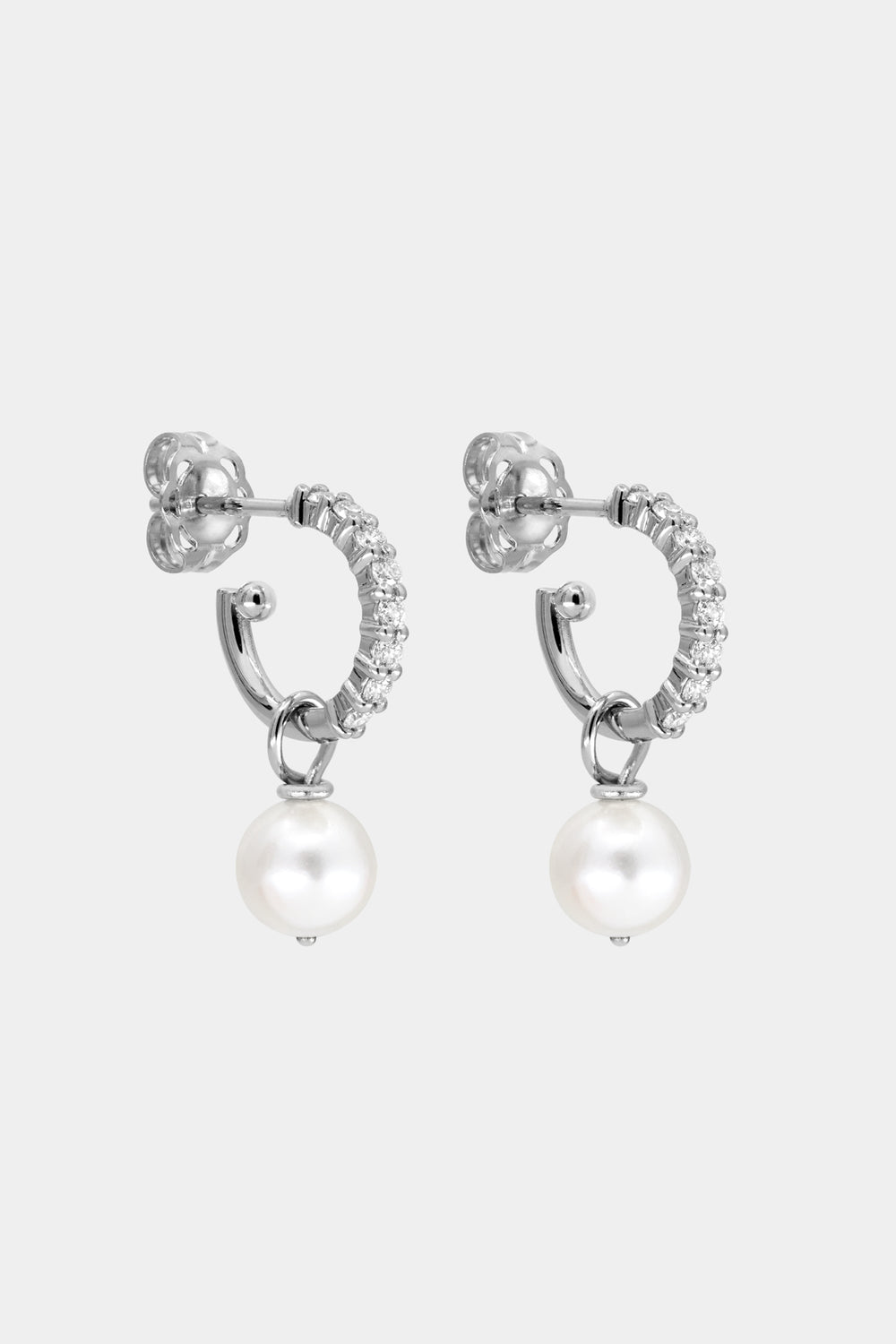 Elsa Diamond Hoops with Pearl Drop | 18K White Gold