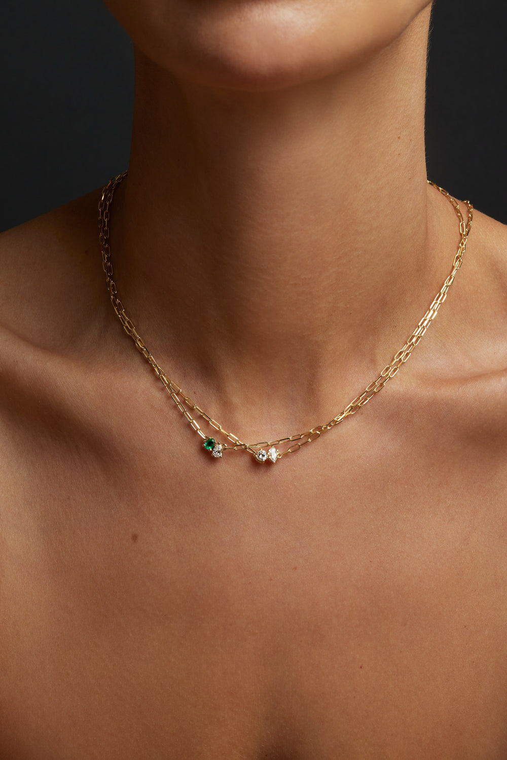 Emerald and Round Diamond Toi Et Moi Necklace | 18K White Gold| Natasha Schweitzer