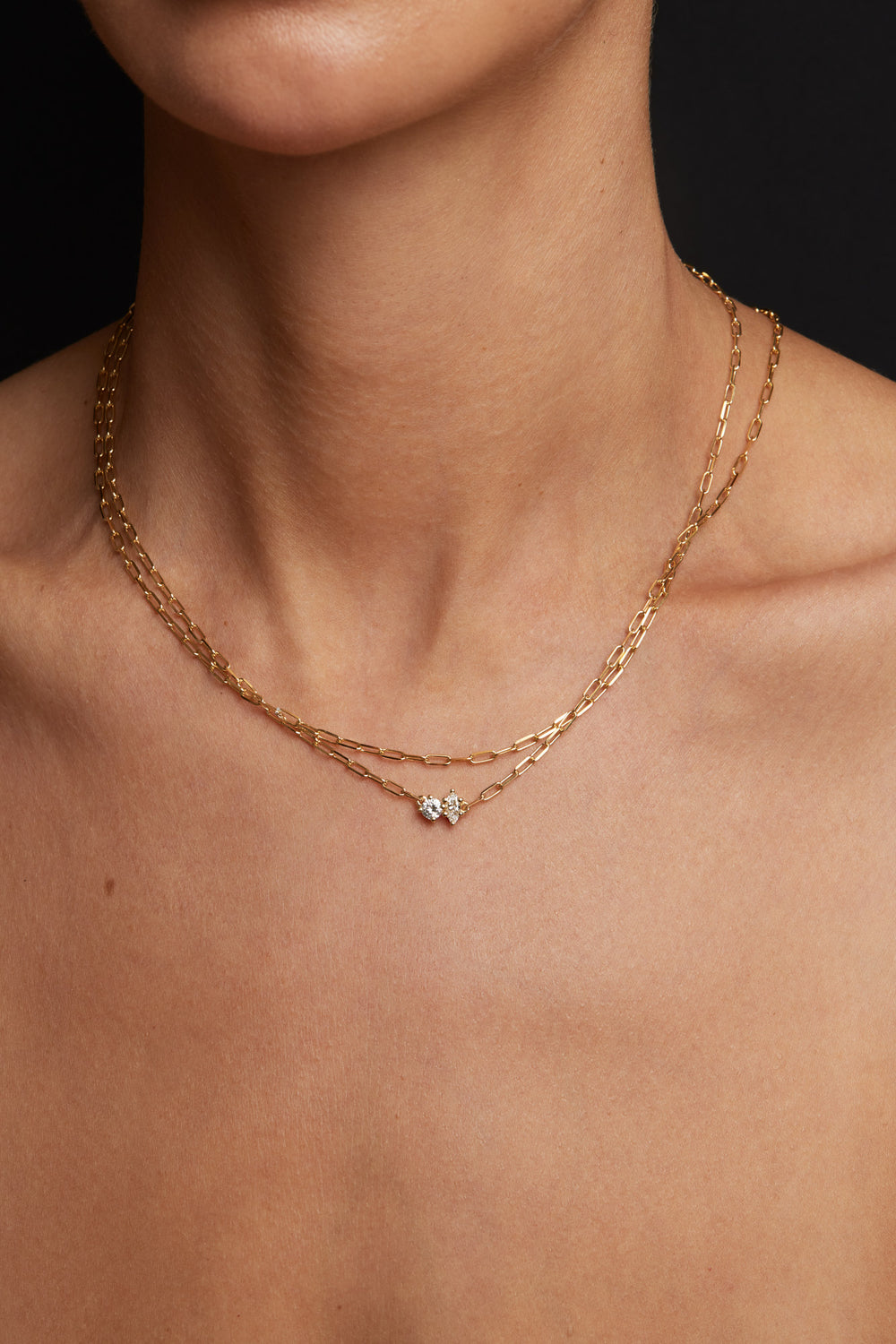 Marquise Diamond and Round Emerald Toi Et Moi Necklace | 18K Yellow Gold| Natasha Schweitzer