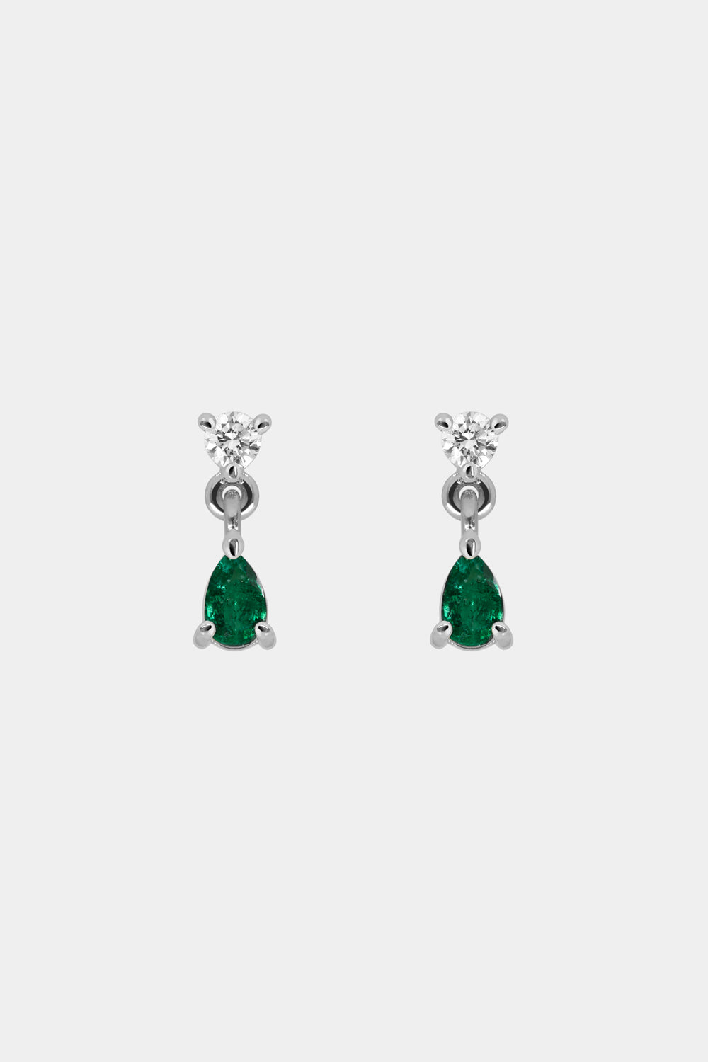 Ilona Round Diamond And Pear Emerald Earrings | 18K White Gold
