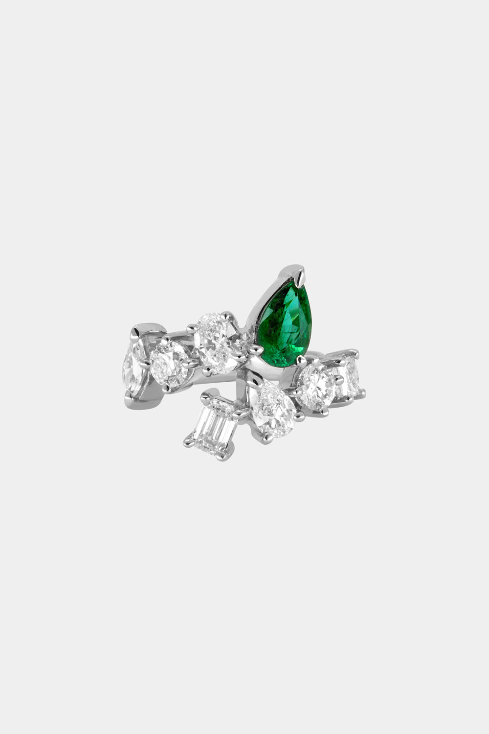 Pear Emerald and Diamond Wrap Ring | 18K White Gold