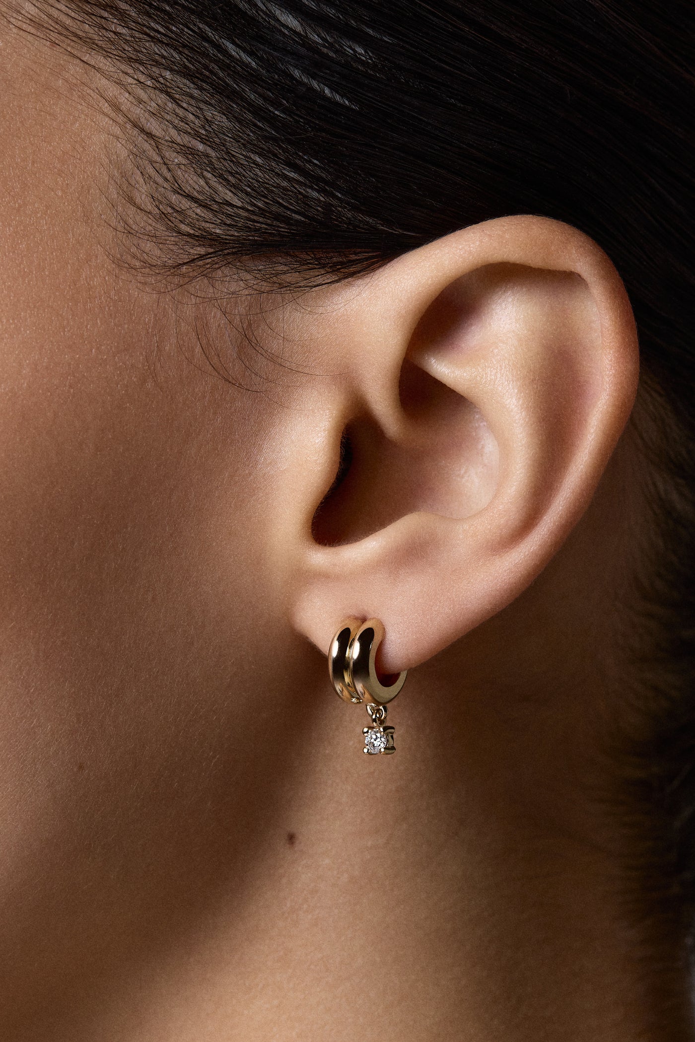 Mini Double Orielle Hoop with Diamond Drop | 9K White Gold