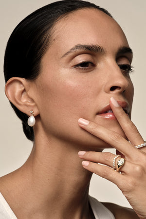 Diamond Pearl Drop Earrings | 9K Yellow Gold | Natasha Schweitzer