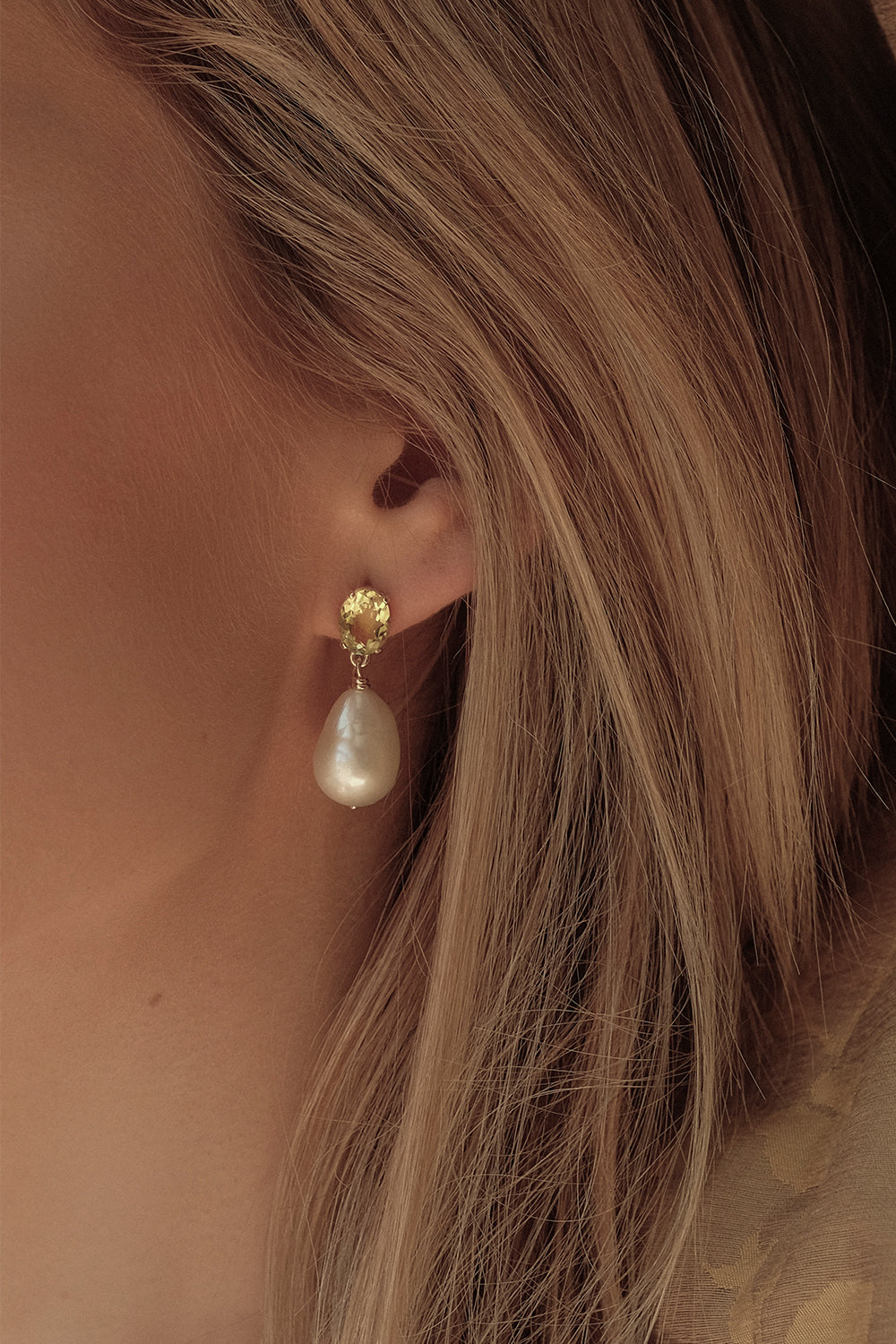 Oval Lemon Quartz Pearl Earrings | 9K Yellow Gold