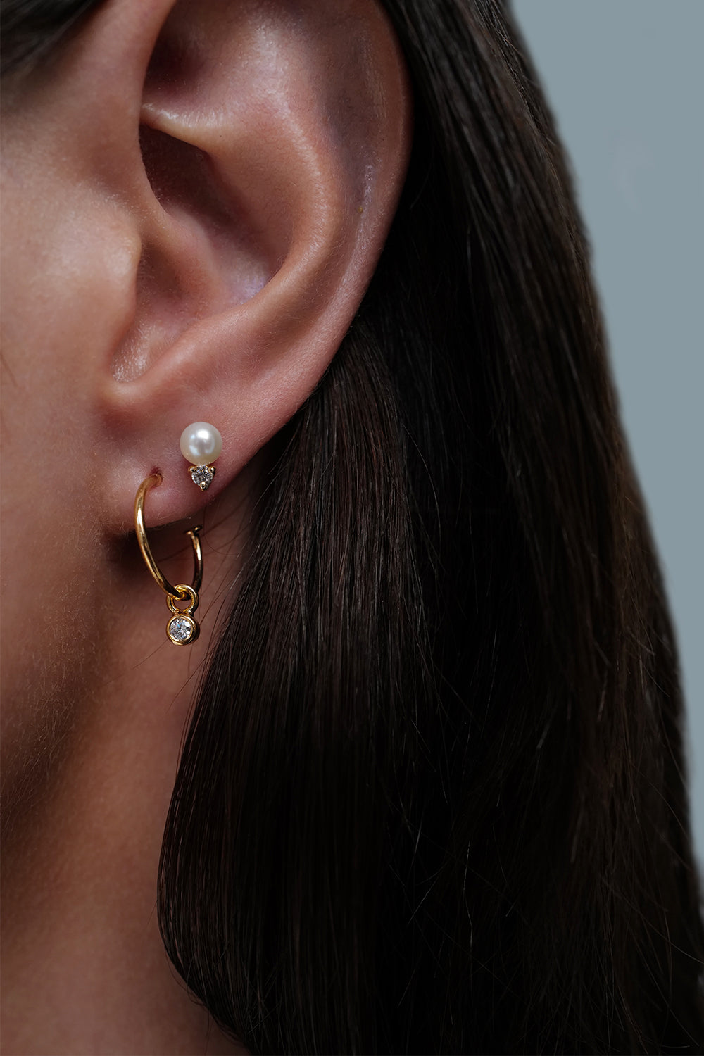 Diamond Pearl Duo Studs | 9K Yellow Gold| Natasha Schweitzer
