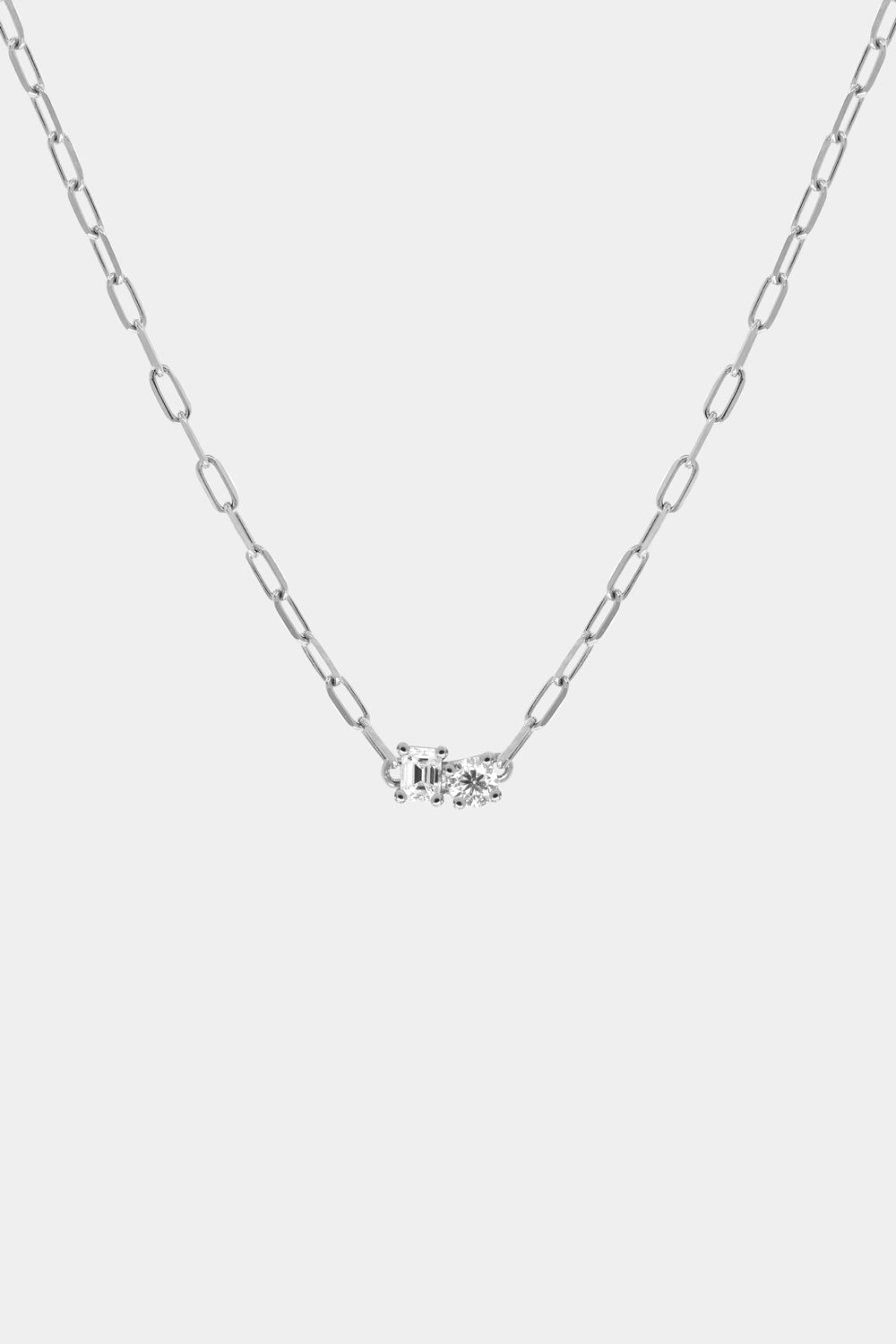 Emerald and Round Diamond Toi Et Moi Necklace | 18K White Gold