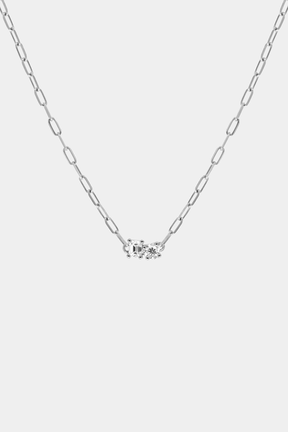 Emerald and Round Diamond Toi Et Moi Necklace | White Gold| Natasha Schweitzer