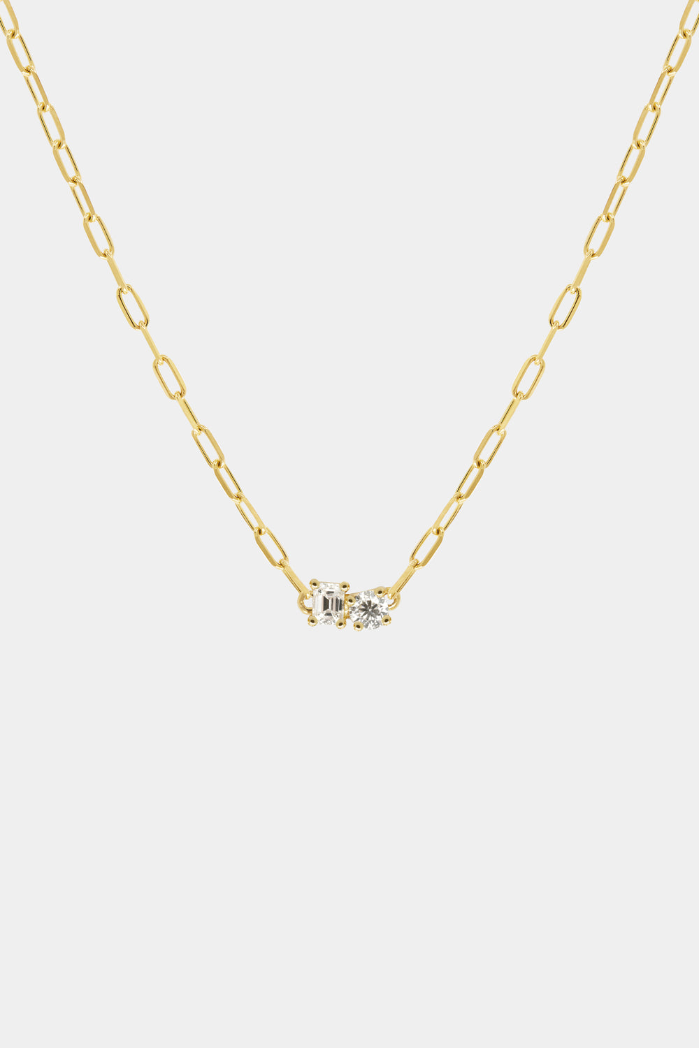 Emerald and Round Diamond Toi Et Moi Necklace | 18K Yellow Gold