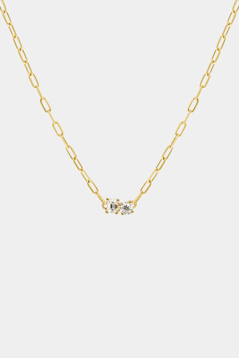 Emerald and Round Diamond Toi Et Moi Necklace | Yellow Gold| Natasha Schweitzer