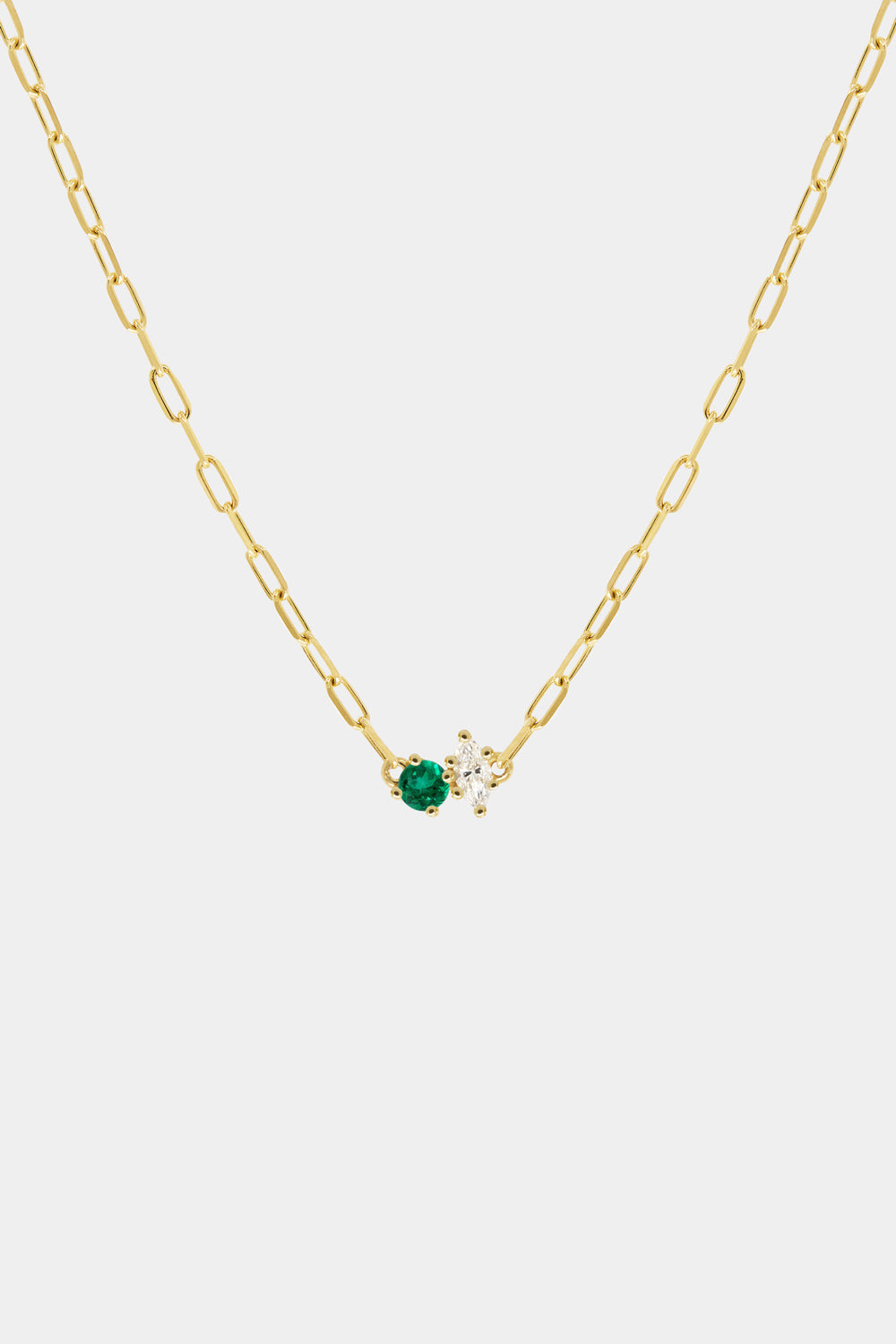 Marquise Diamond and Round Emerald Toi Et Moi Necklace | 18K Yellow Gold