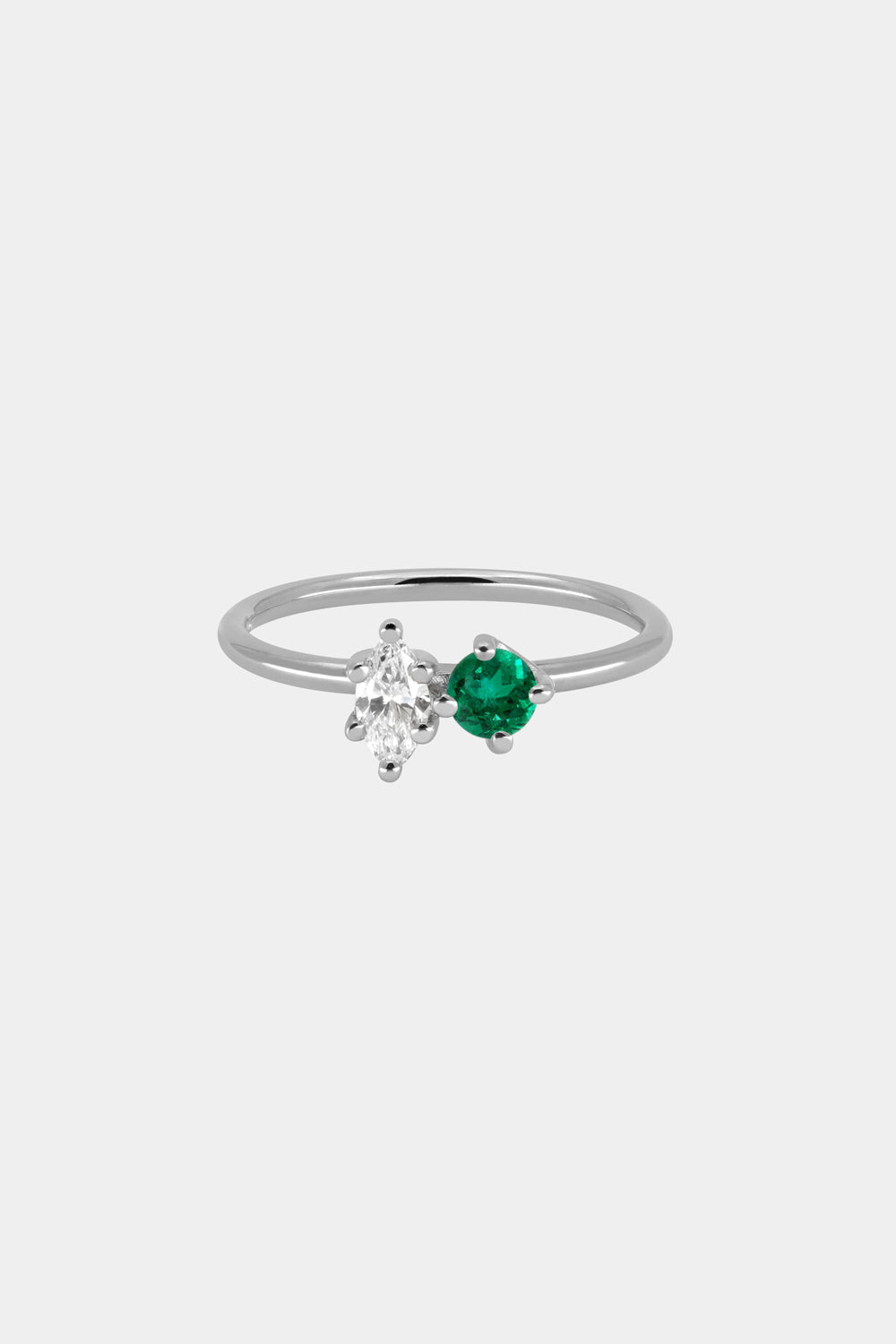 Marquise Diamond and Round Emerald Toi Et Moi Ring | 18K White Gold