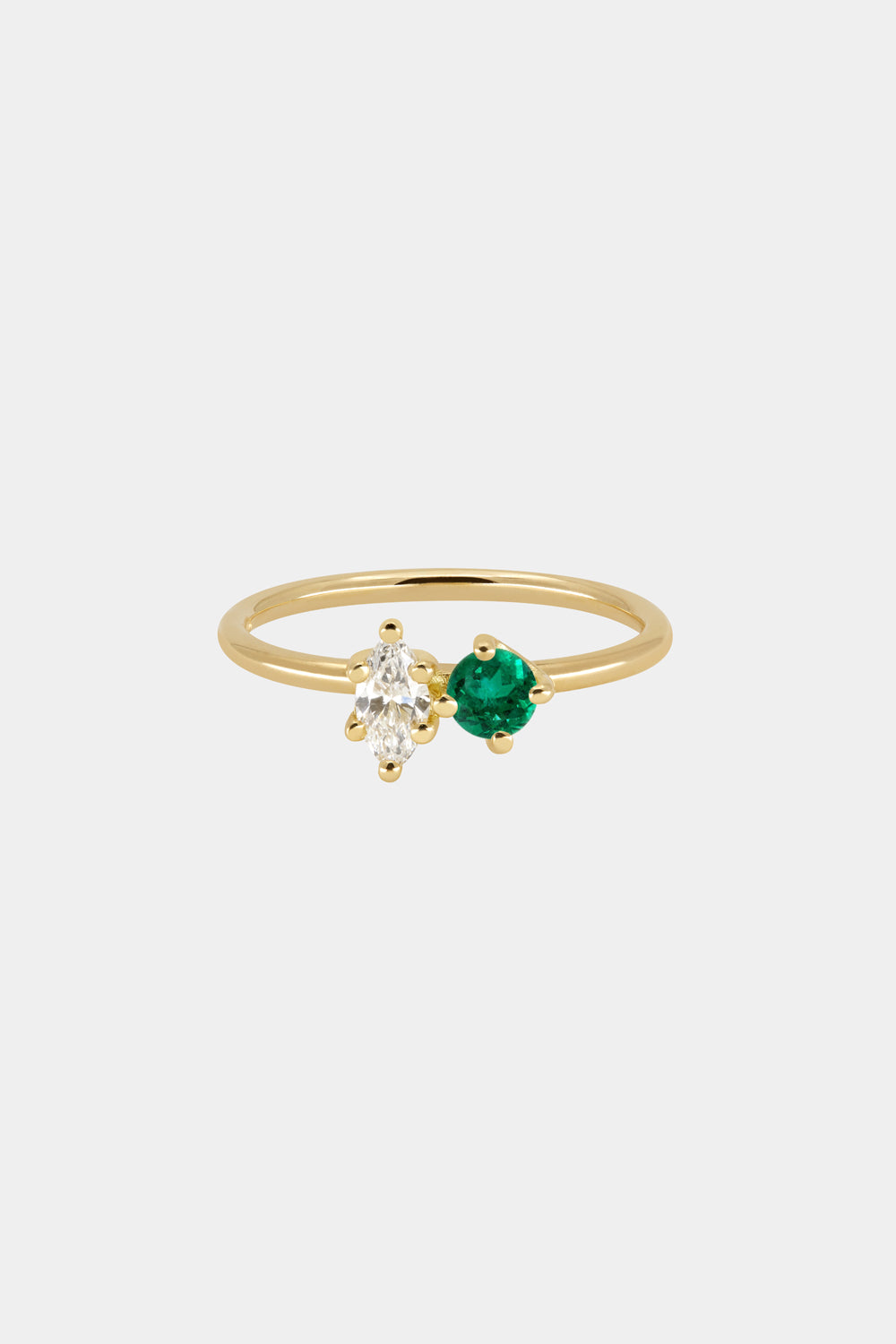 Marquise Diamond and Round Emerald Toi Et Moi Ring | 18K Yellow Gold
