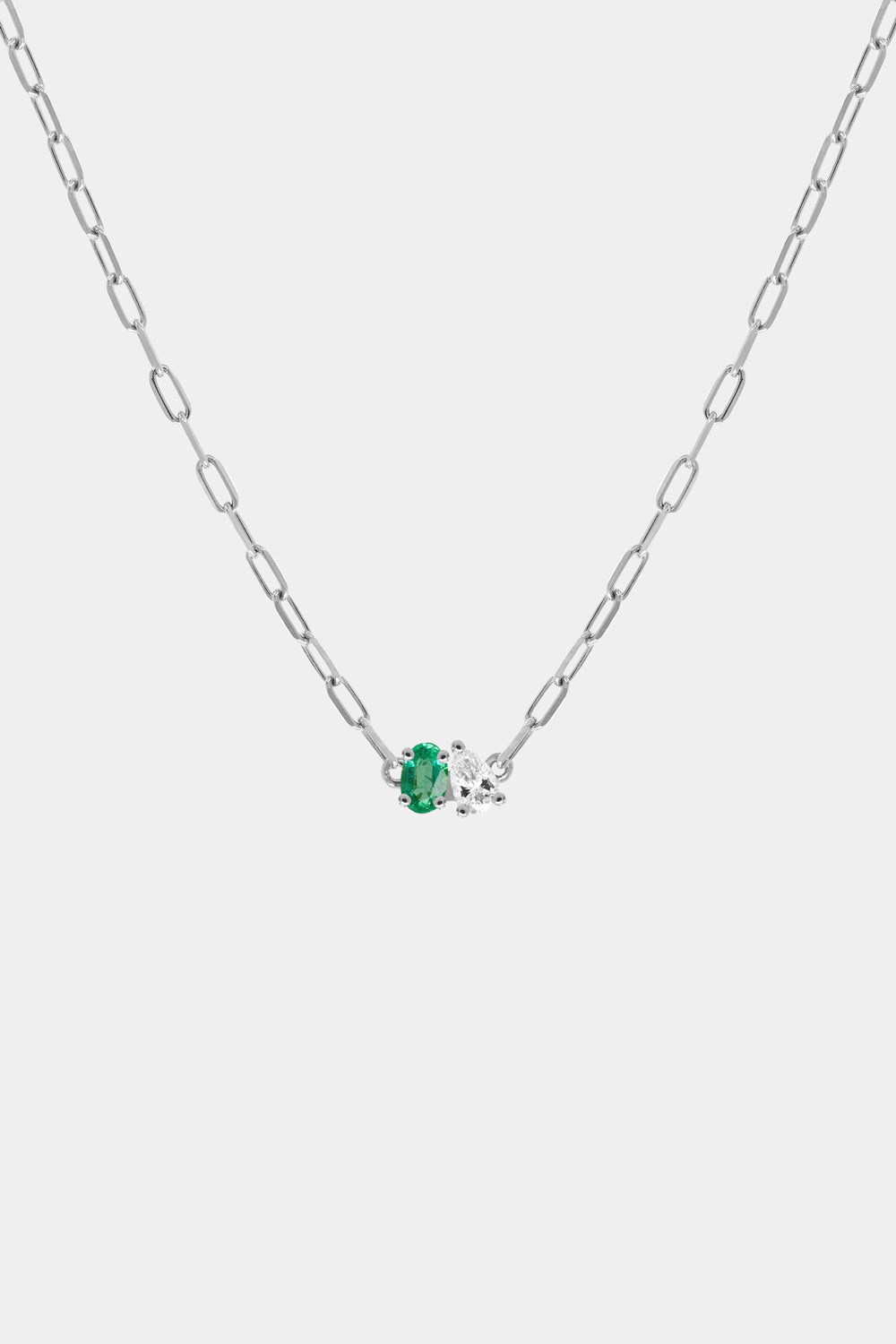 Pear Diamond and Oval Emerald Toi Et Moi Necklace | White Gold