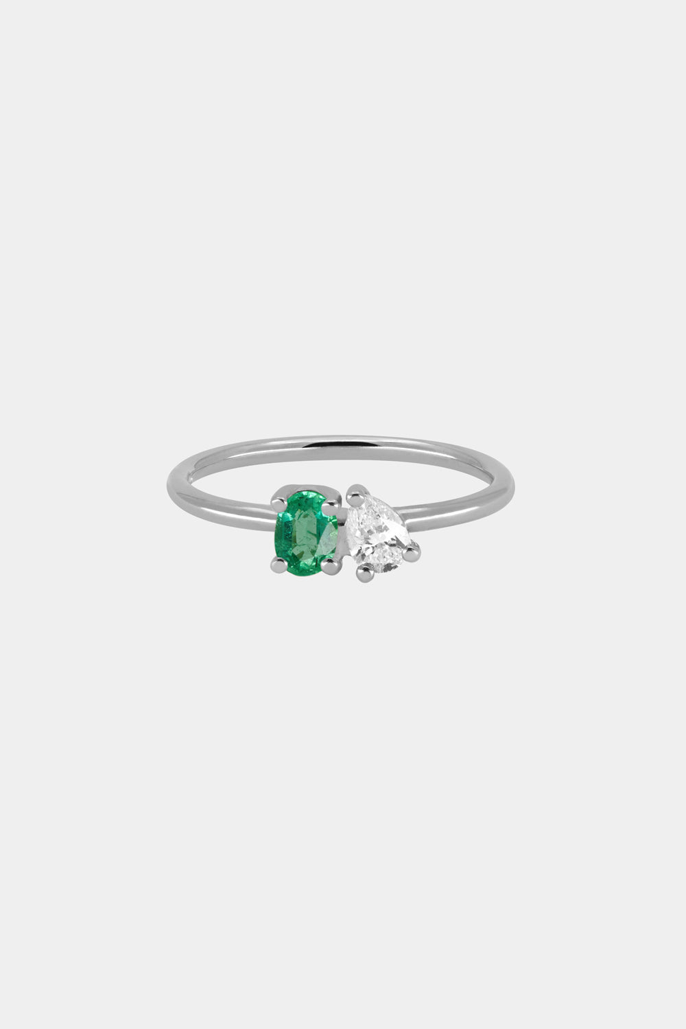 Pear Diamond and Oval Emerald Toi Et Moi Ring | 18K White Gold