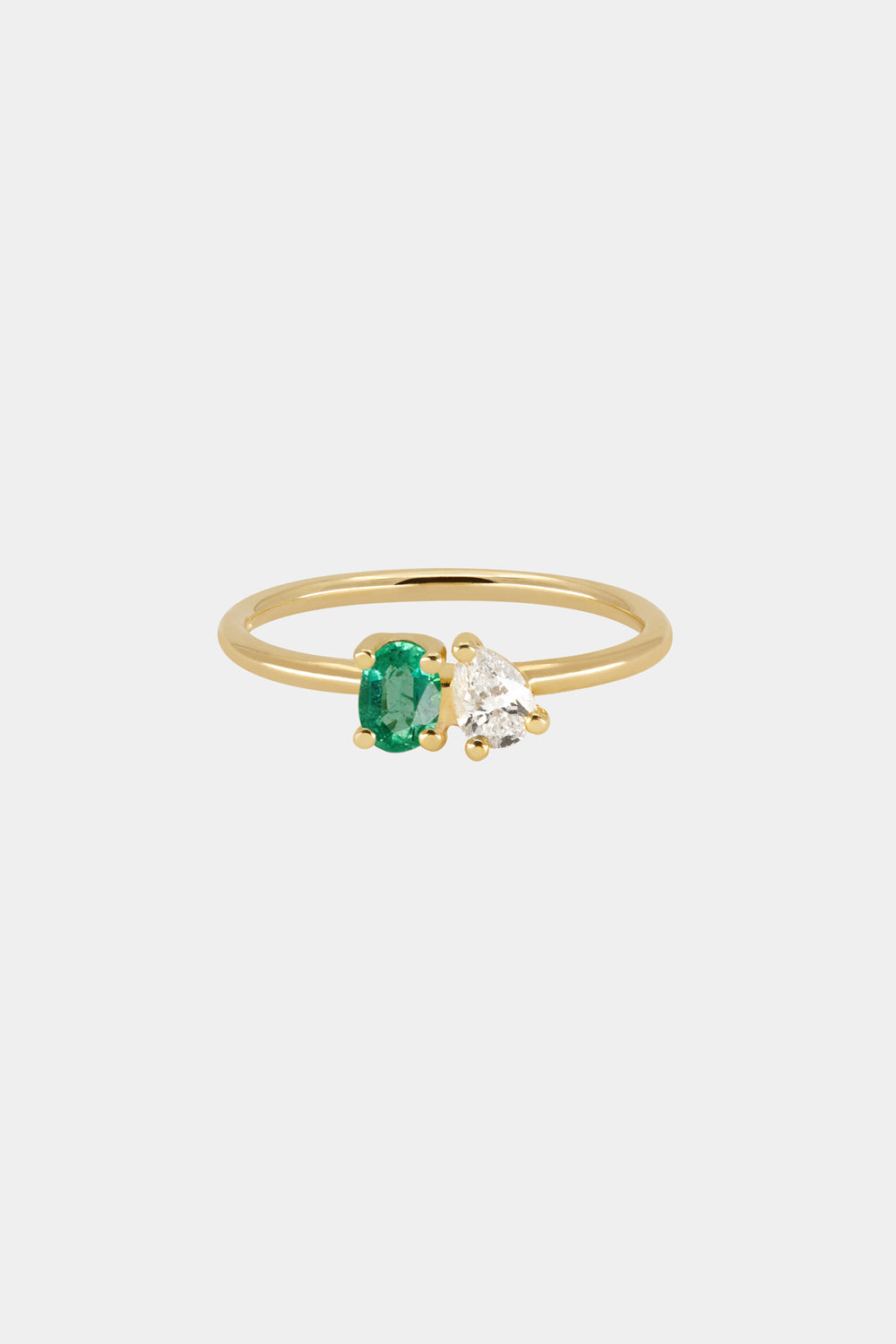 Pear Diamond and Oval Emerald Toi Et Moi Ring 18K Yellow Gold