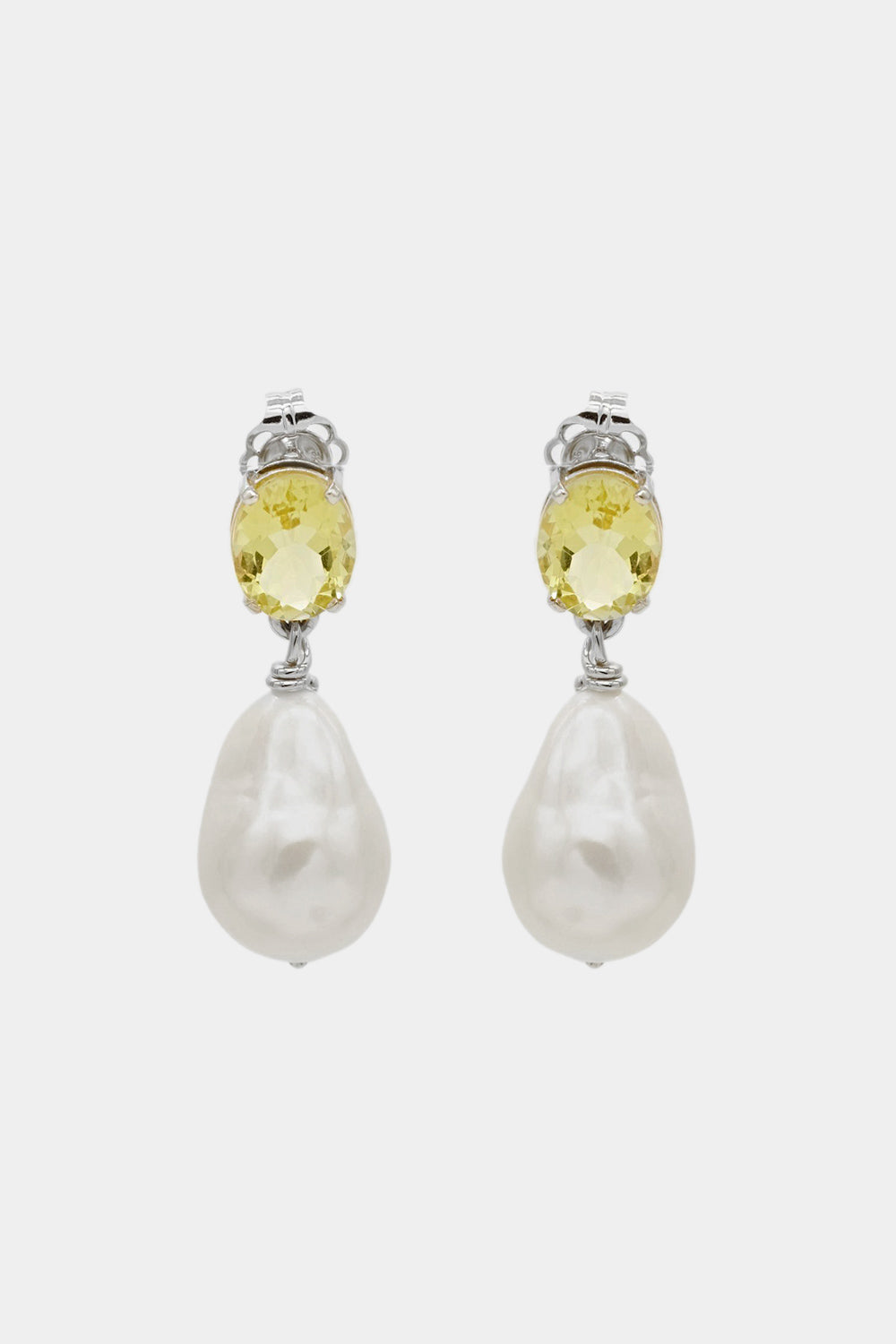 Oval Lemon Quartz Pearl Earrings | Silver